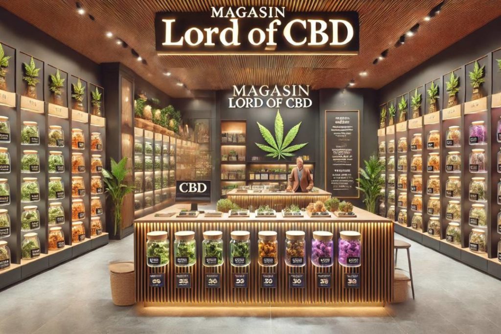 illustration du Magasin Lord of CBD mettant en avant une grande variété de fleurs de CBD dans un cadre accueillant et professionnel, avec des présentations soignées et une ambiance moderne.