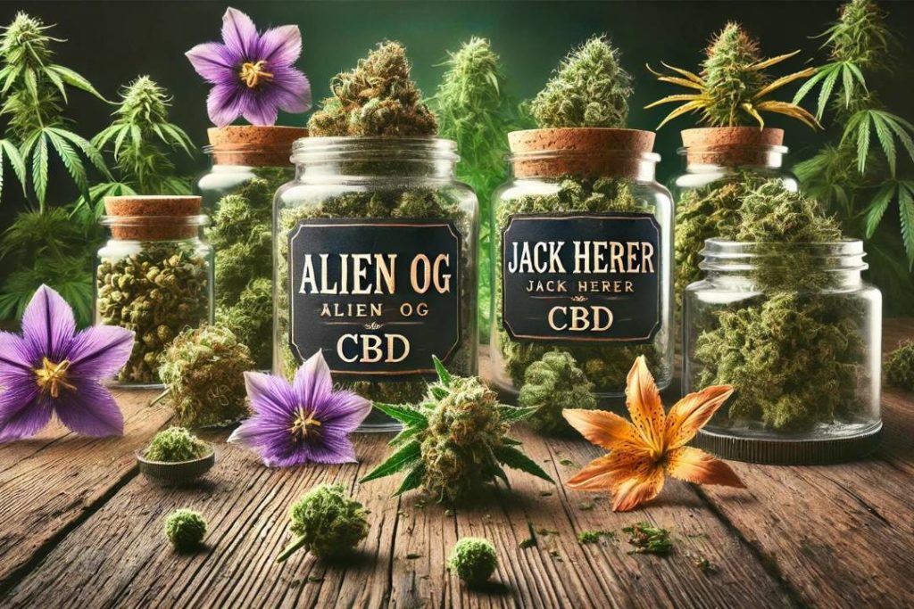 image mettant en avant Des fleurs d’exception Alien OG et Jack Herer, avec une présentation élégante et naturelle des variétés de fleurs CBD